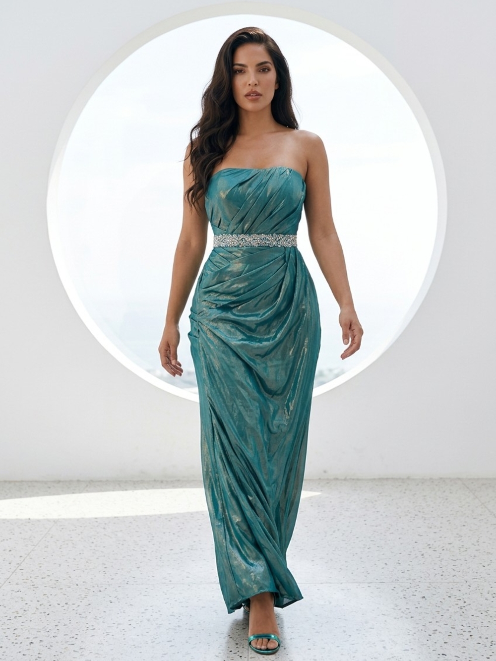 Mystique Strapless Peacock Green Prom Dress With Embelishments SZ 6